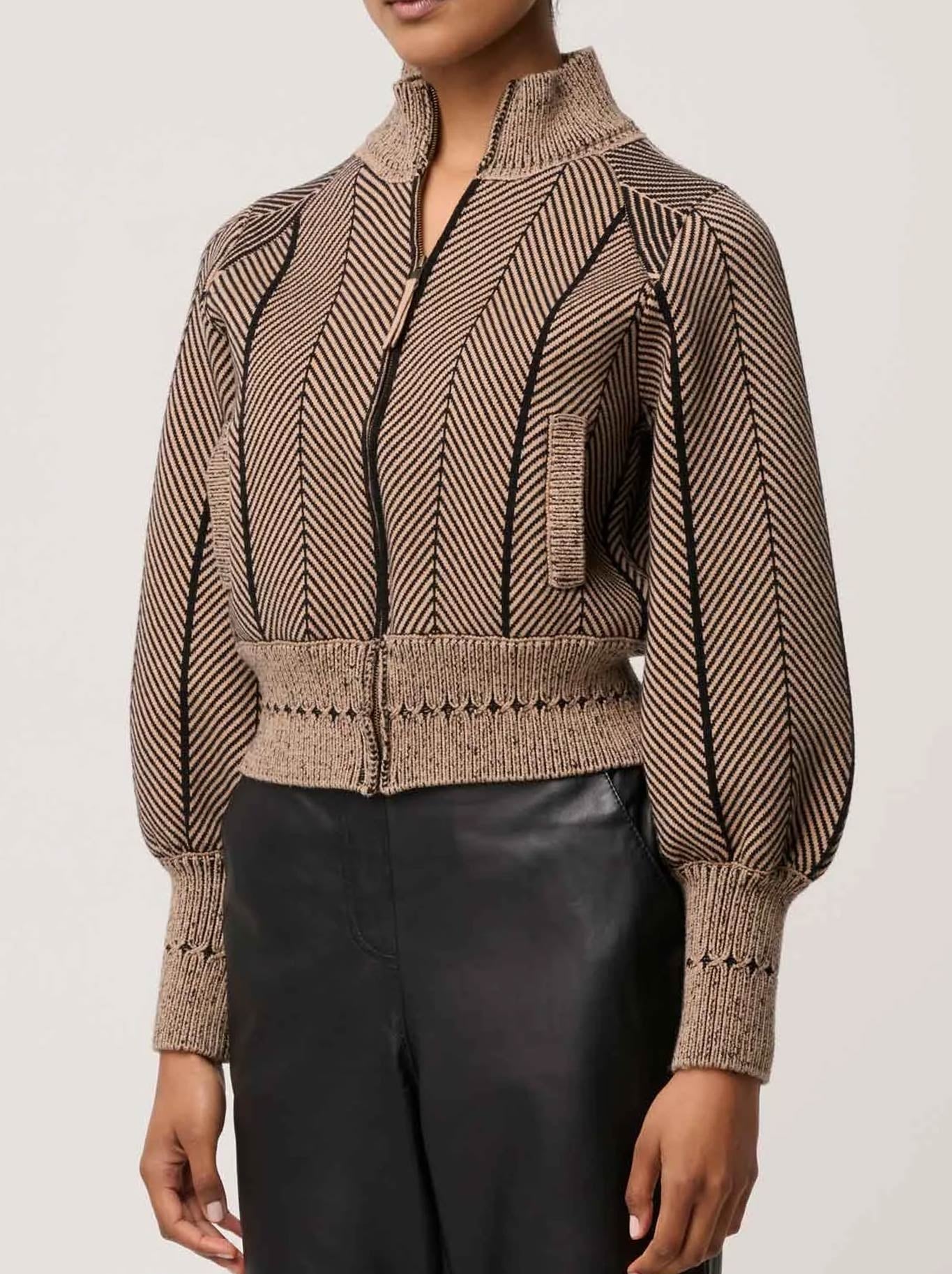 ONCE WAS JEANNE TEXTURED KNIT BOMBER JACKET (Tan)