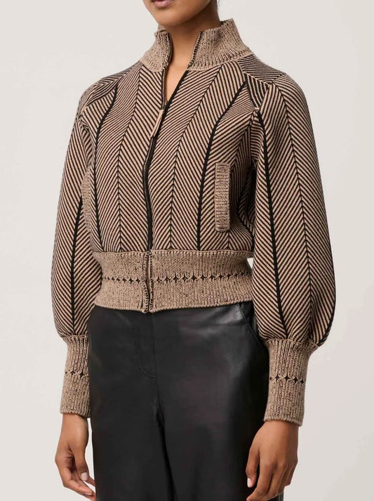 ONCE WAS JEANNE TEXTURED KNIT BOMBER JACKET (Tan)