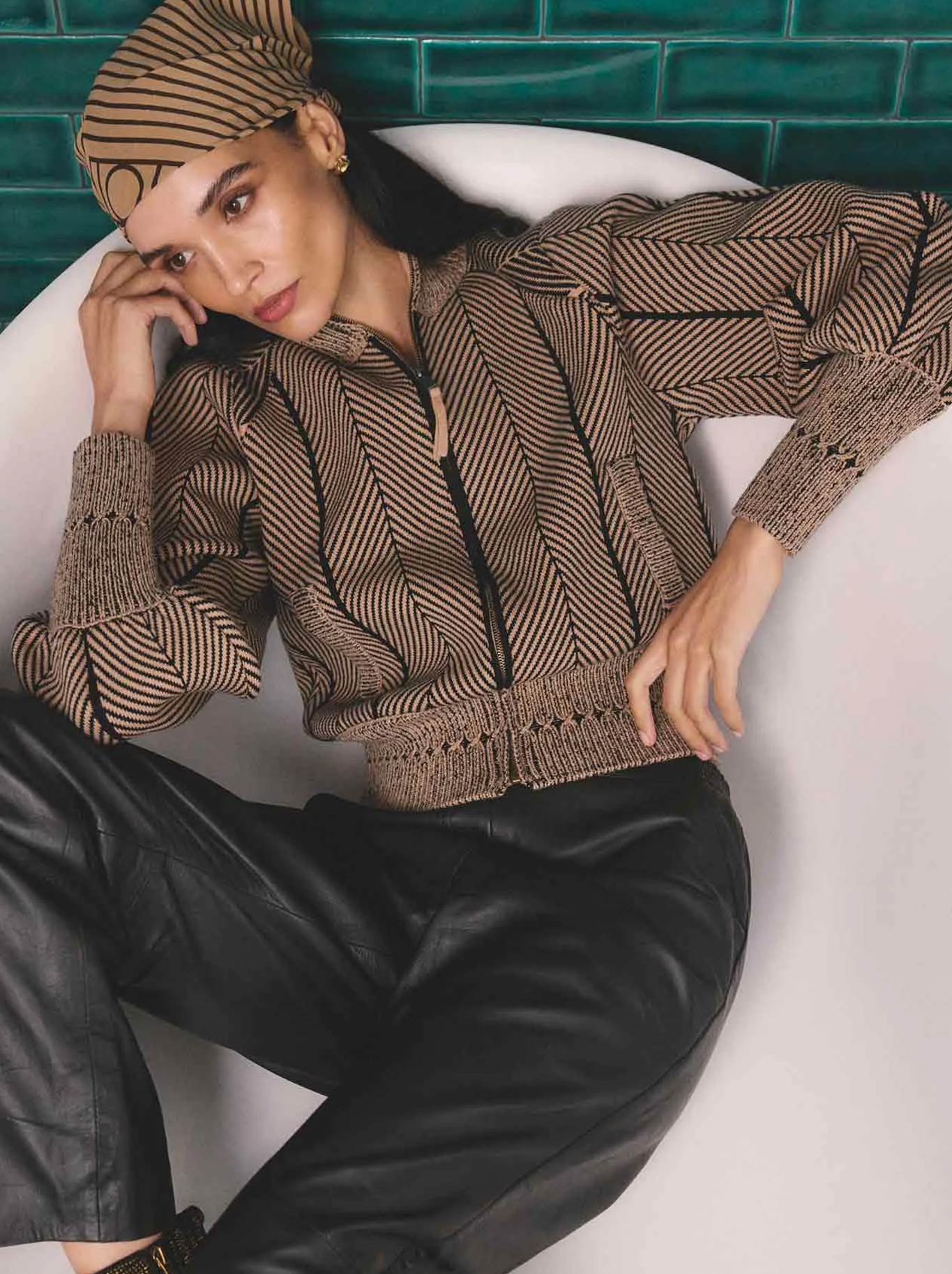 ONCE WAS JEANNE TEXTURED KNIT BOMBER JACKET (Tan)