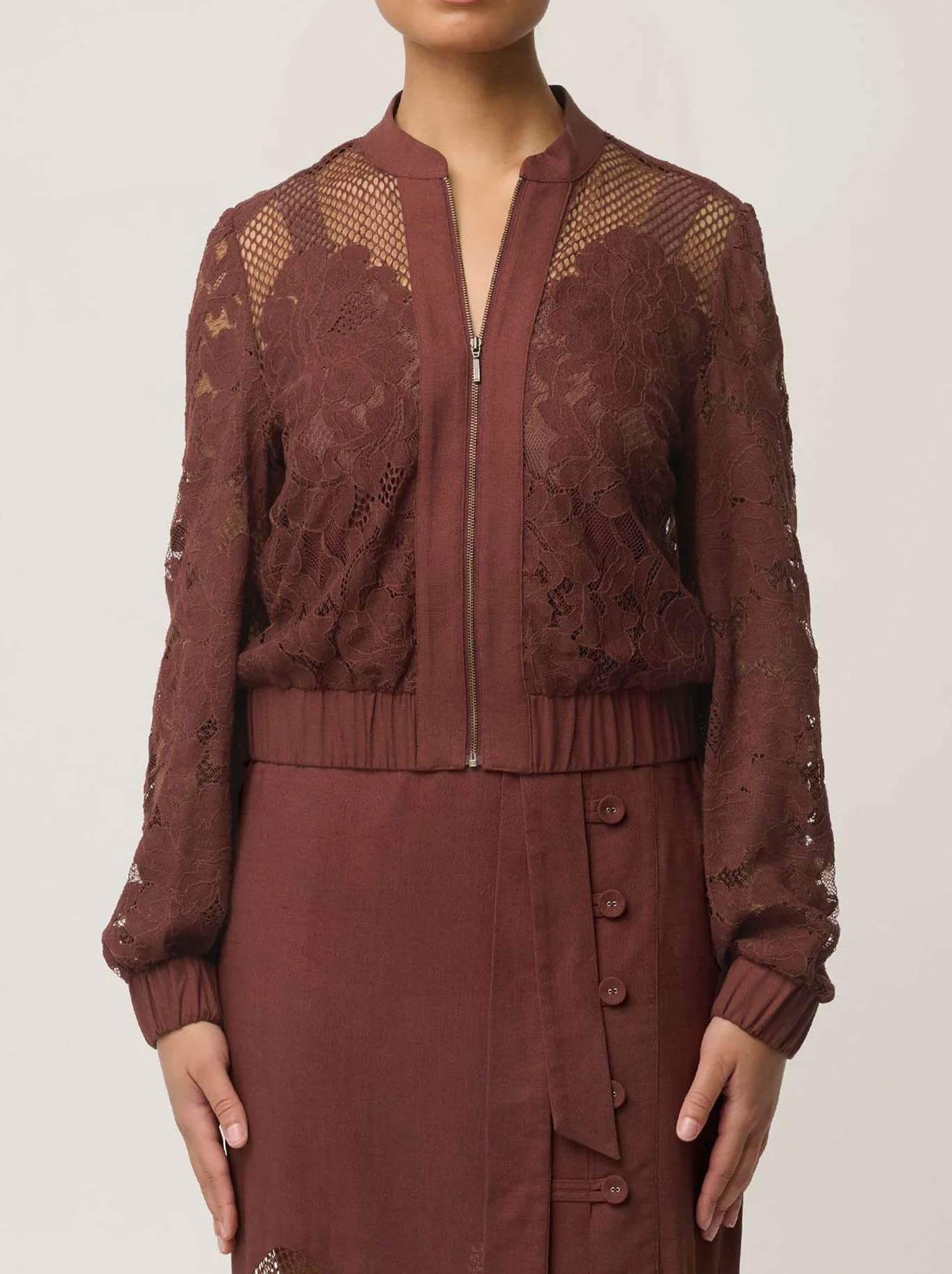 Image of Coats & Jackets. Product name - Once Was Solene Bomber in Rosewood colour by brand - Once Was