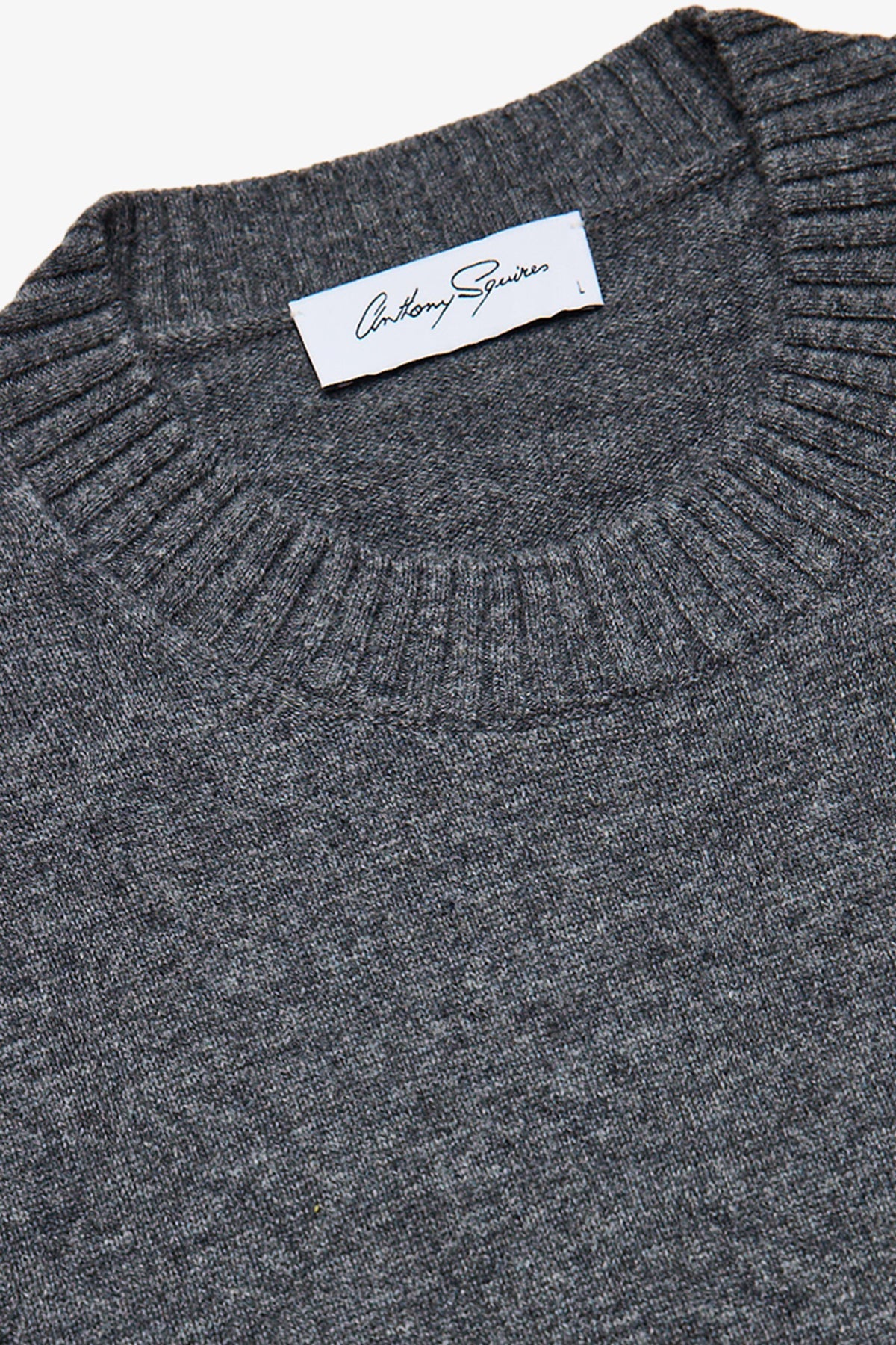 Image of a model wearing Outerwear. Productname: Anthony Squires Orlando grey cashmere blend crew knit in Grey colour by brand - Anthony Squires