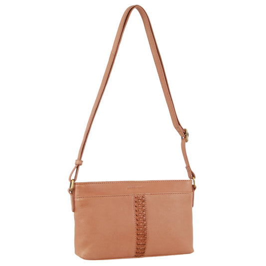Image of Bags. Productname: Pierre Cardin Leather Woven Design Crossbody Bag in Apricot colour by brand - Pierre Cardin