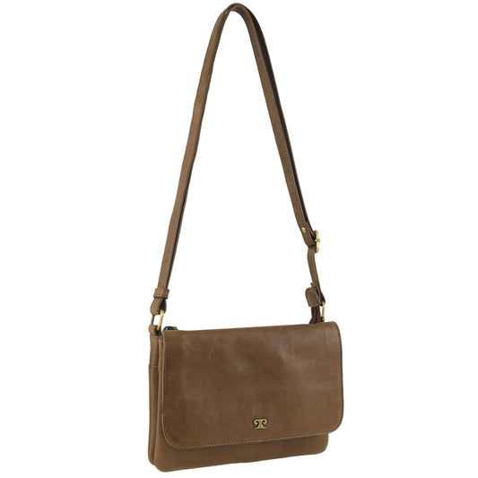 Image of Bags. Productname: Pierre Cardin Leather Flap-over Crossbody Bag in Oak colour by brand - Pierre Cardin