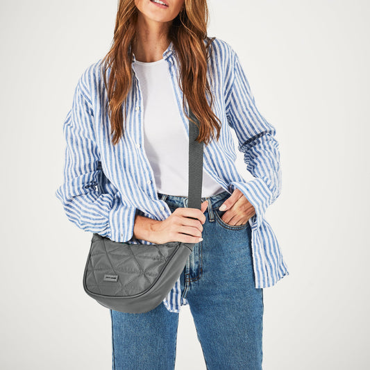 Image of Bags. Productname: Pierre Cardin Ladies Nylon Crescent Cross-Body Bag in Grey colour by brand - Pierre Cardin