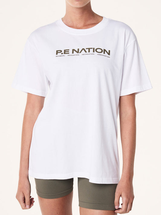 Image of a model wearing Tops. Productname: P.E NATION AERO TEE in Optic White / Khaki colour by brand - P.E Nation