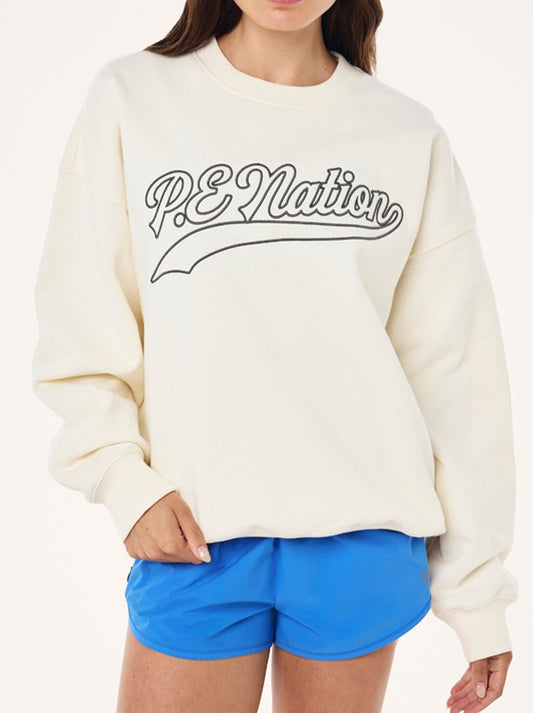 Image of a model wearing Outerwear. Productname: P.E NATION FORMATION 2 SWEAT in Whisper White colour by brand - P.E Nation