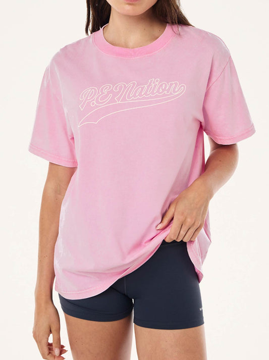 Image of a model wearing Tops. Productname: P.E NATION FORMATION 2 TEE in Pink colour by brand - P.E Nation