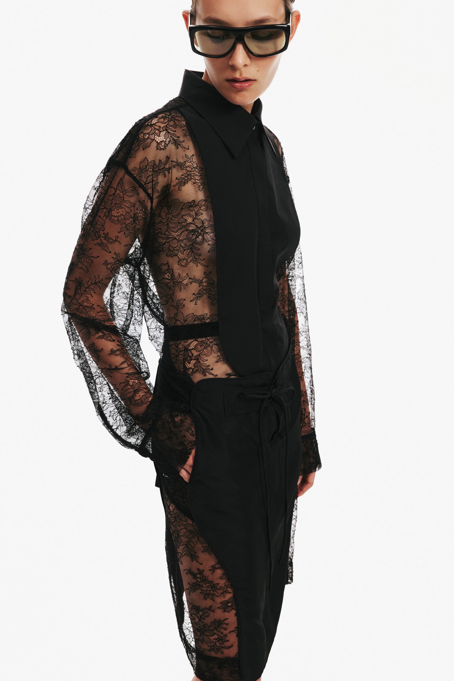 Image of a model wearing Tops. Productname: Christopher Esber Lace Tux Shirt in Black colour by brand - Christopher Esber