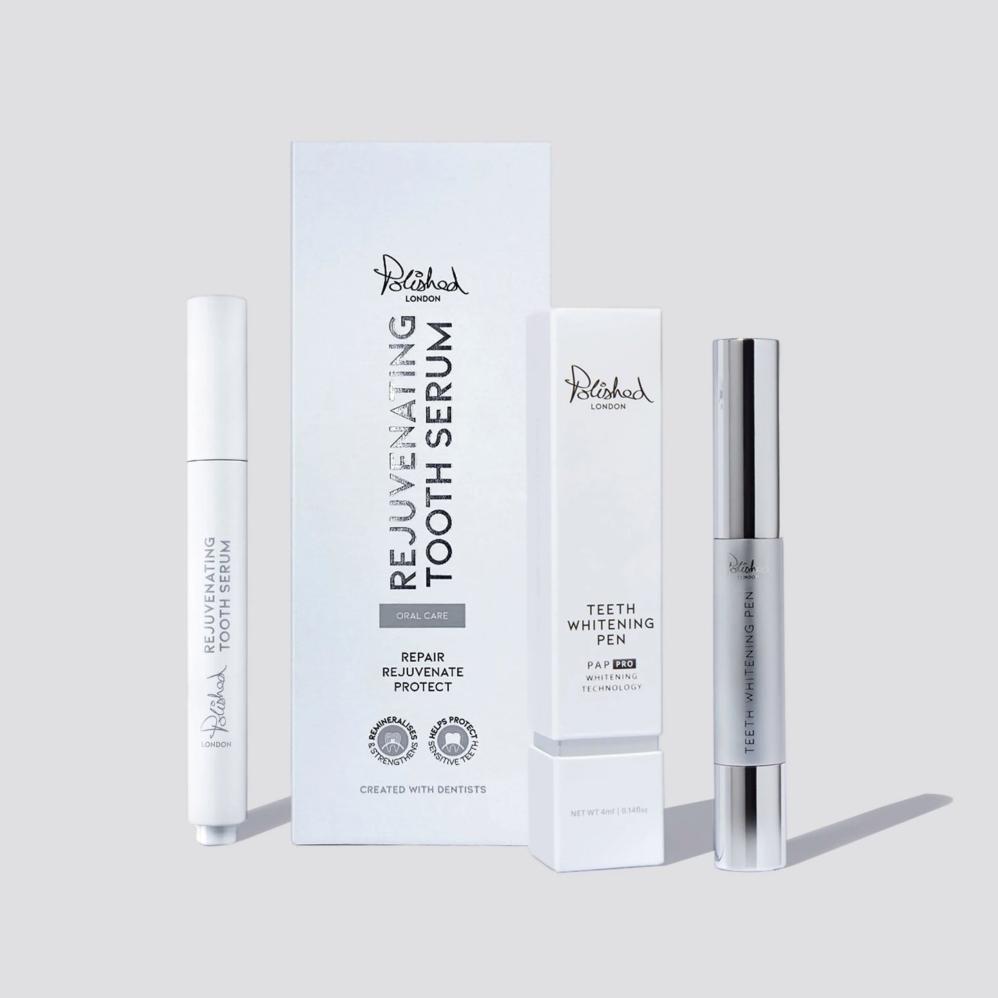 Image of Teeth Whiteners. Product name - Teeth Whitening Pen And Rejuvenating Serum Bundle in colour by brand - Polished London
