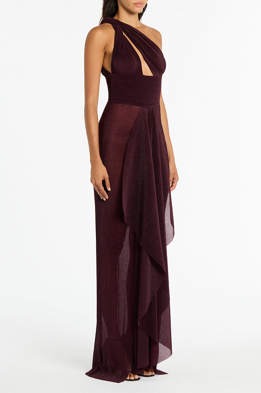 Carla Zampatti Sheer Plisse One Shoulder Gown (Plum)