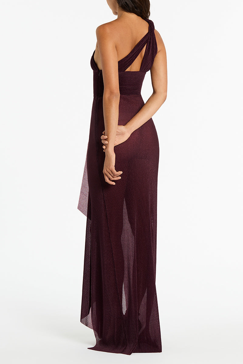 Carla Zampatti Sheer Plisse One Shoulder Gown (Plum)