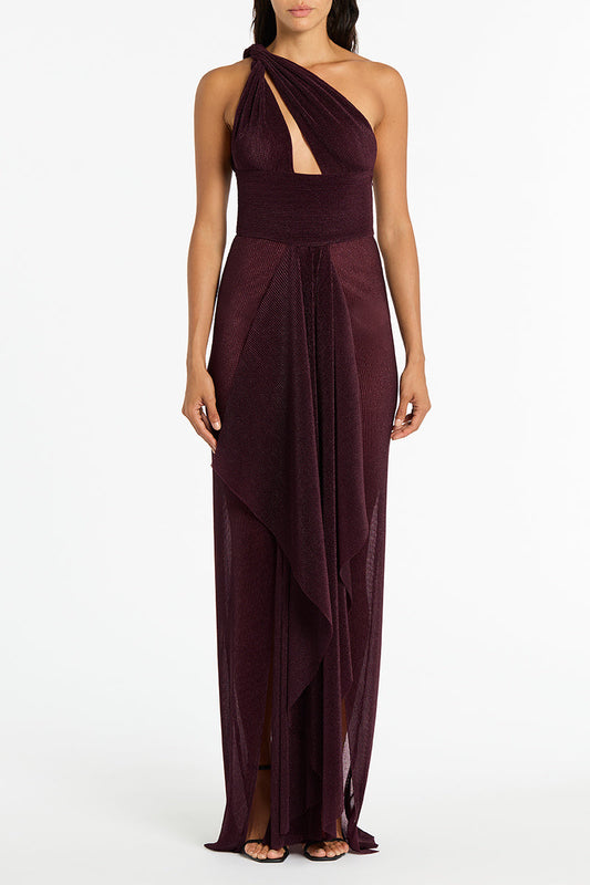 Image of Dresses. Product name - Plum Sheer Plisse One Shoulder Gown in Plum colour by brand - Carla Zampatti