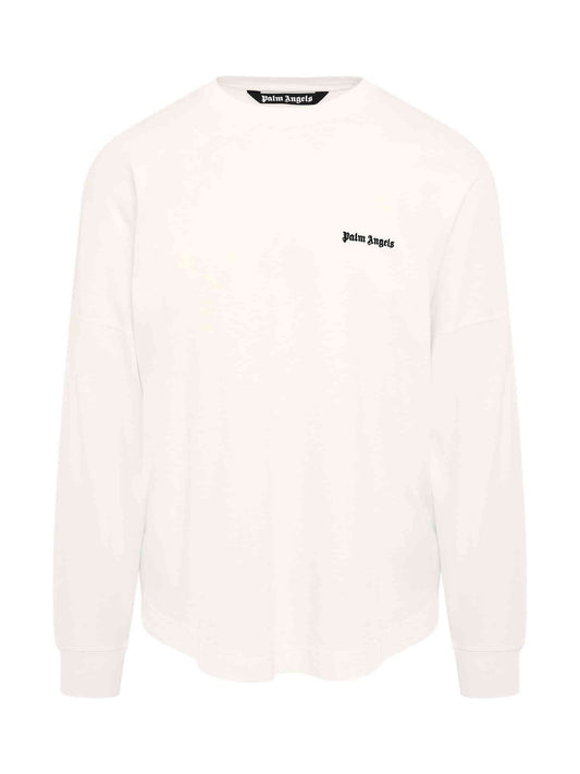 Image of a model wearing Tops. Productname: PALM ANGELS Embroidered Logo Long-sleeves T-Shirt in White colour by brand - PALM ANGELS