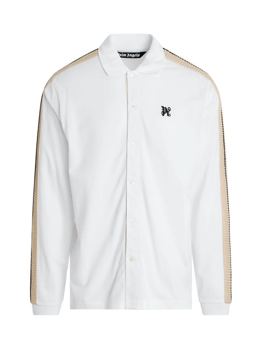 Image of a model wearing Tops. Productname: PALM ANGELS Monogram Track Long Sleeve Polo in WHITE colour by brand - PALM ANGELS