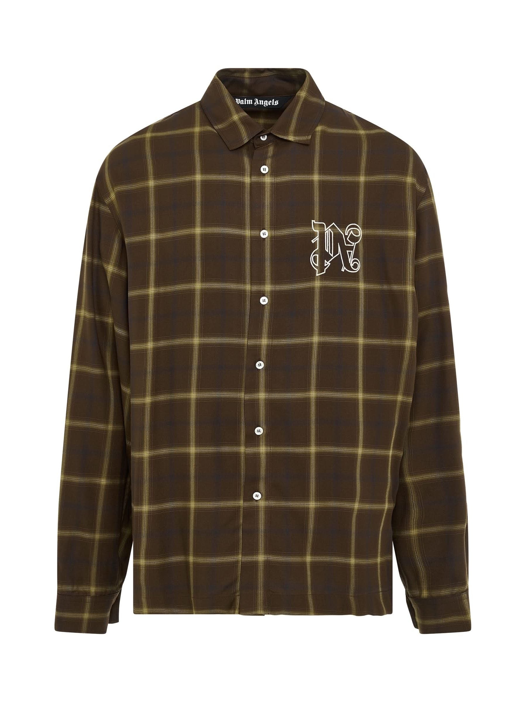 Image of a model wearing Tops. Productname: PALM ANGELS Monogram Check Shirt in BROWN colour by brand - PALM ANGELS