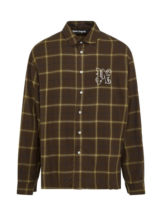 Image of a model wearing Tops. Productname: PALM ANGELS Monogram Check Shirt in BROWN colour by brand - PALM ANGELS