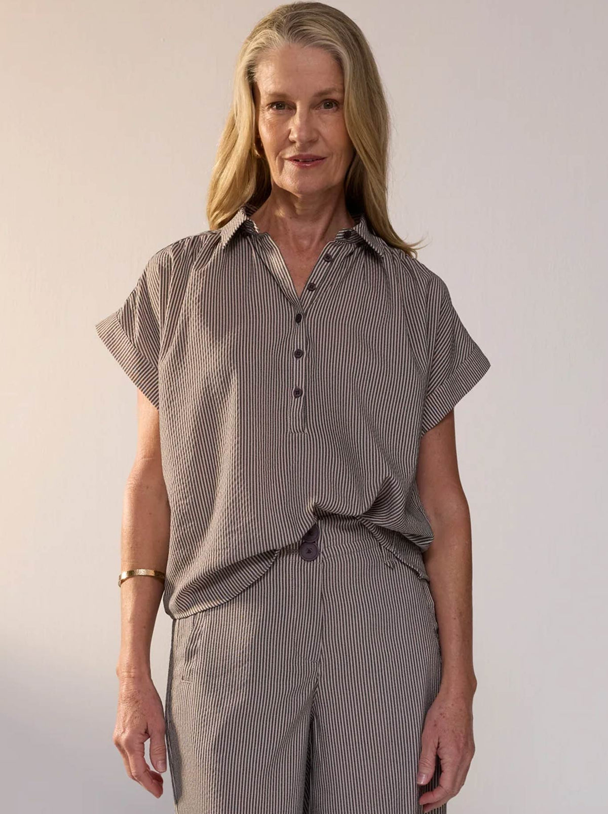 Image of a model wearing Tops. Product name - POL DYLAN SHIRT in Shadow Stripe colour by brand - Pol