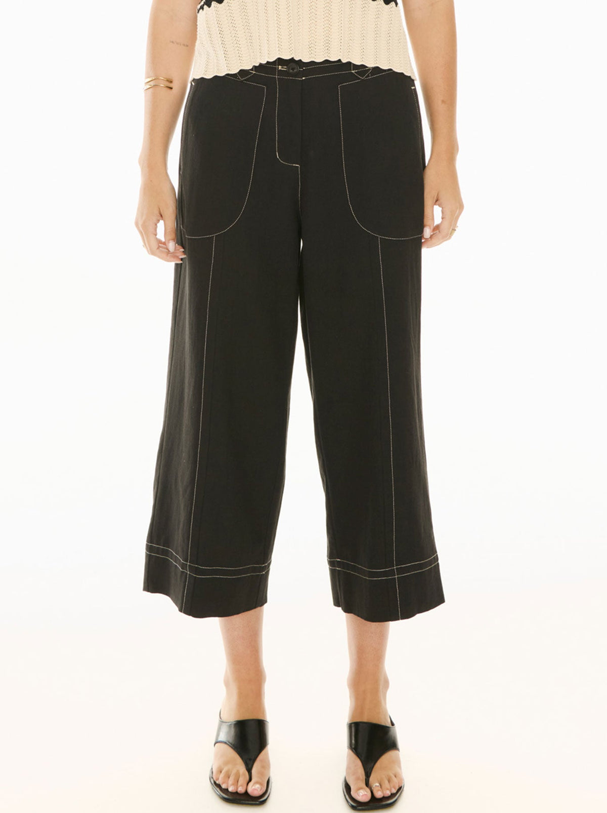 Image of a model wearing Pants. Product name - Pol Oskar Cropped Pant in Black colour by brand - Pol