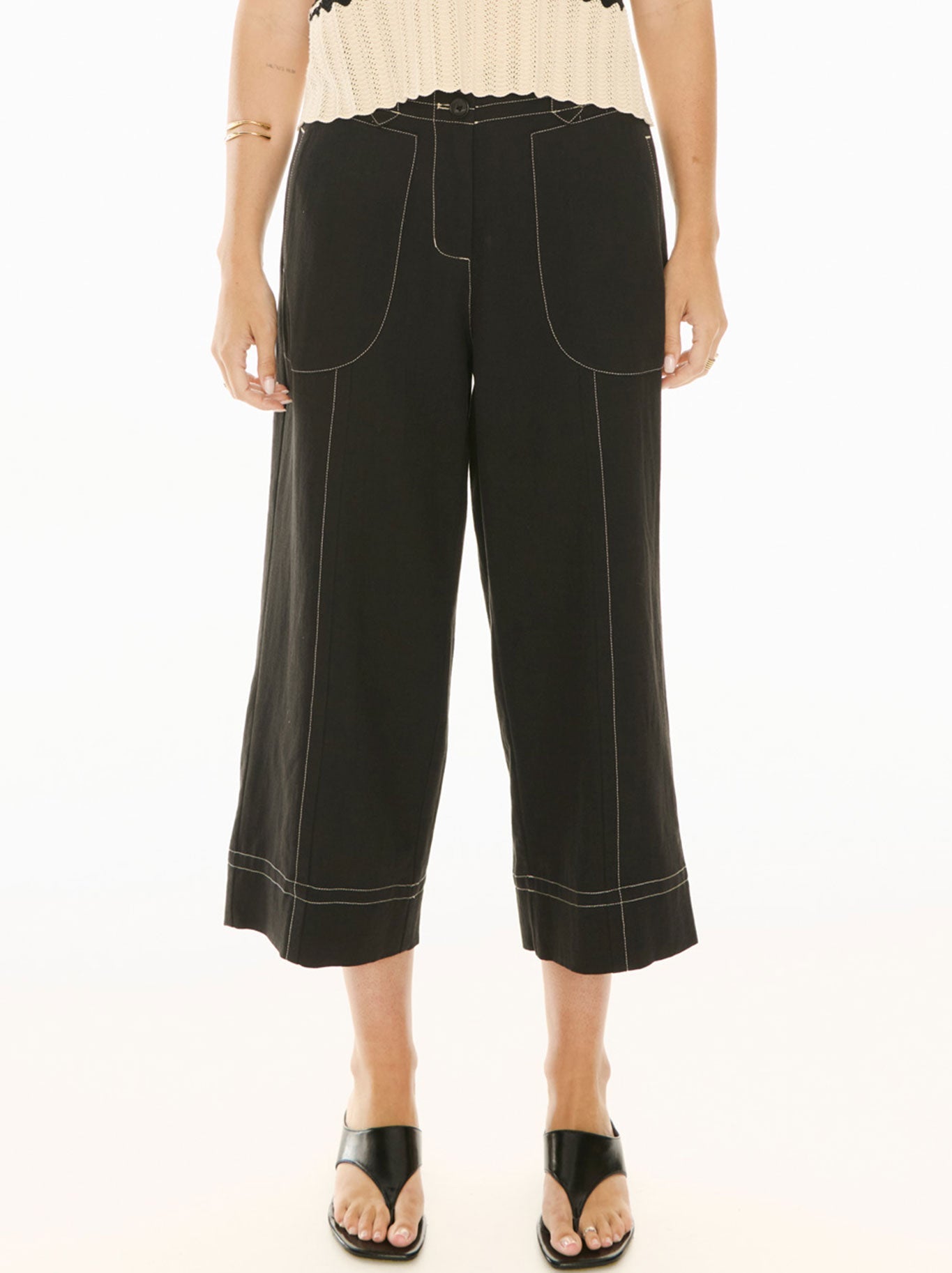 Image of a model wearing Pants. Product name - Pol Oskar Cropped Pant in Black colour by brand - Pol