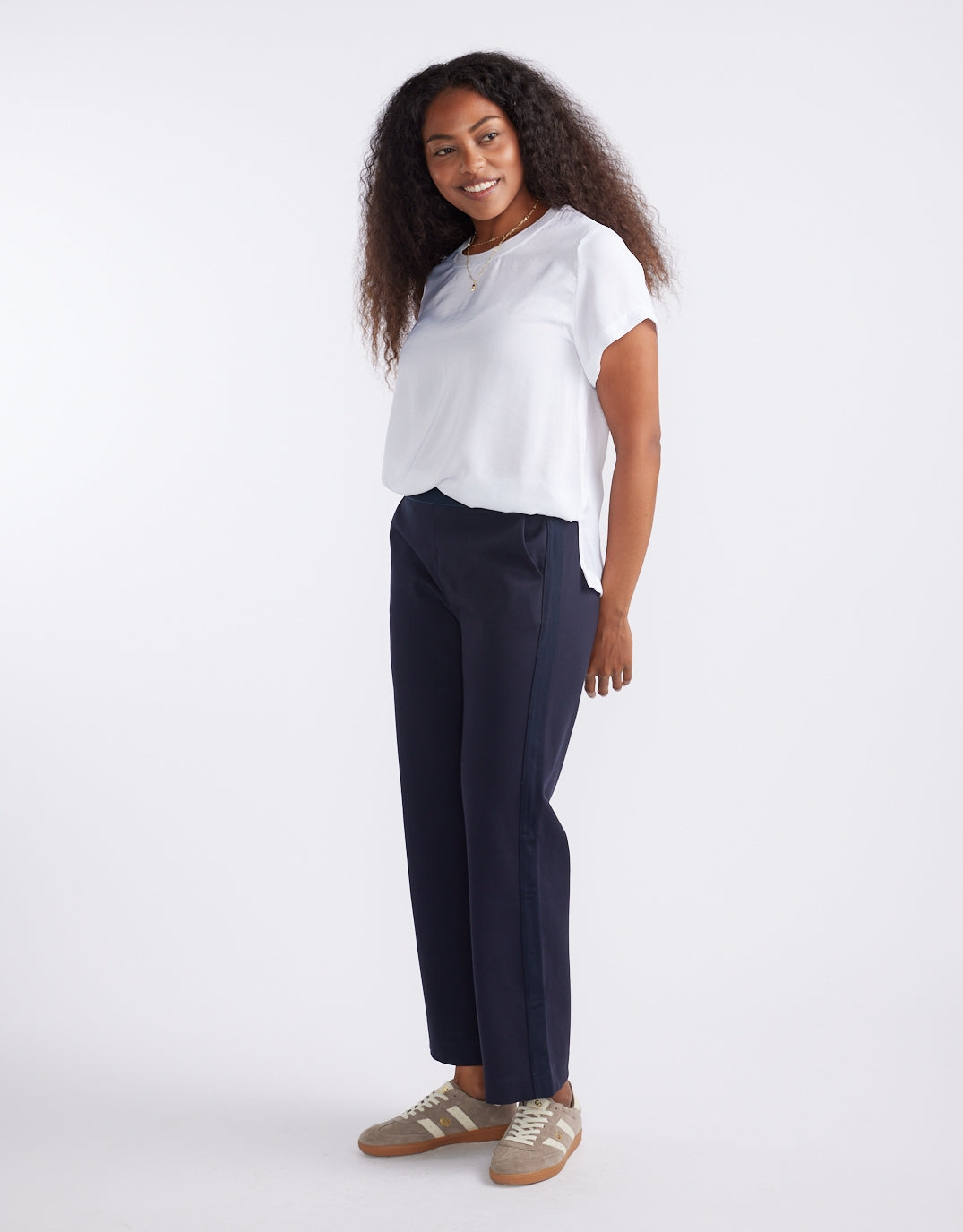 Image of a model wearing Pants. Productname: Timeless Straight Leg Ponte Pant - Navy/Navy in French Navy/Navy colour by brand - White & Co.