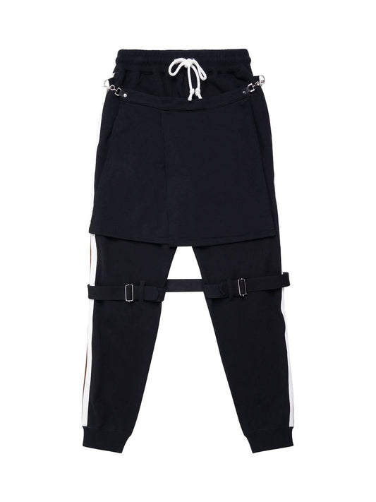 Image of a model wearing Pants. Productname: FACETASM Bondage Sweatpants Contrasting Stripe in BLACK colour by brand - FACETASM