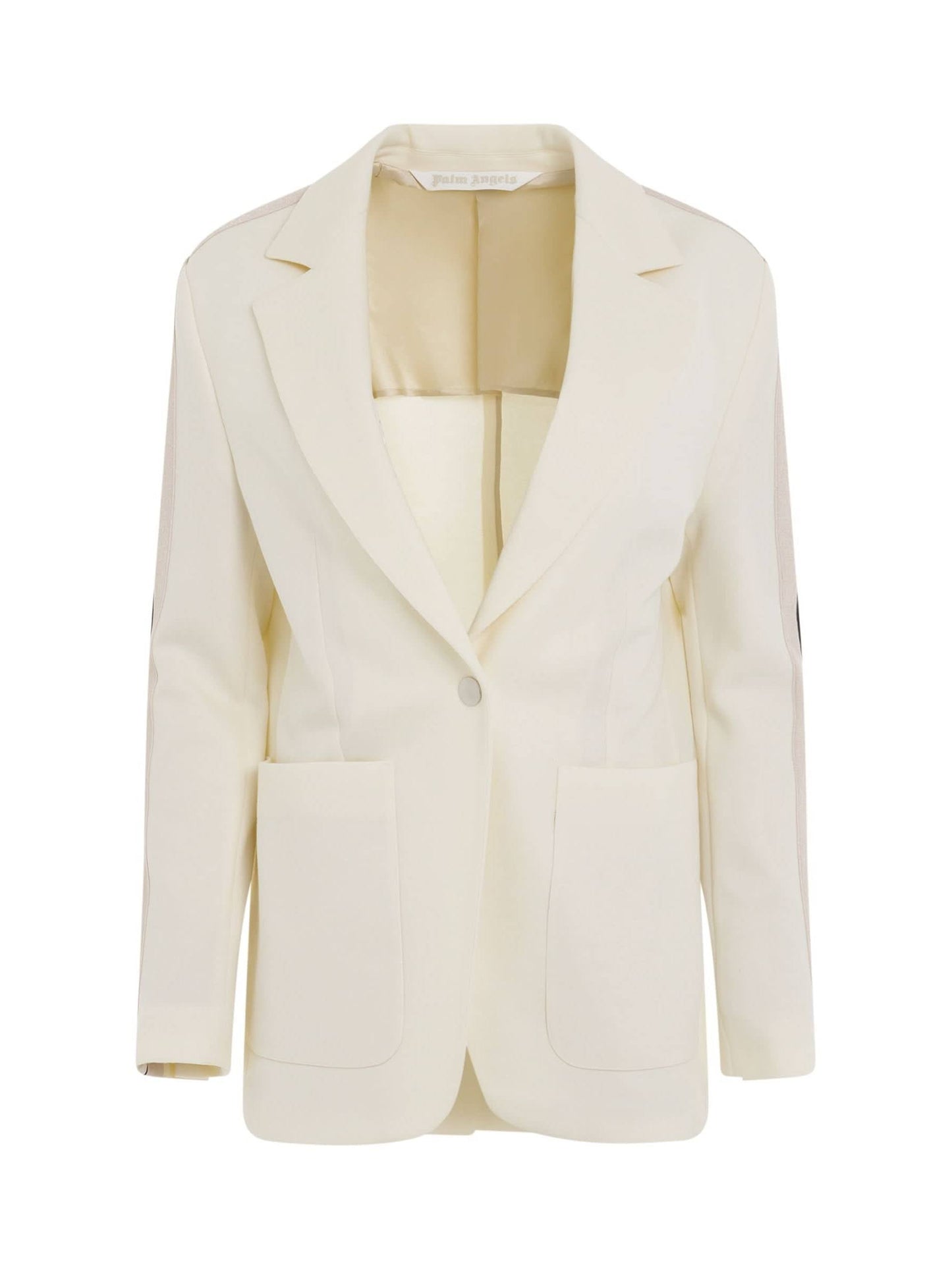 Image of a model wearing Outerwear. Productname: PALM ANGELS Track Blazer in Butter Off White colour by brand - PALM ANGELS