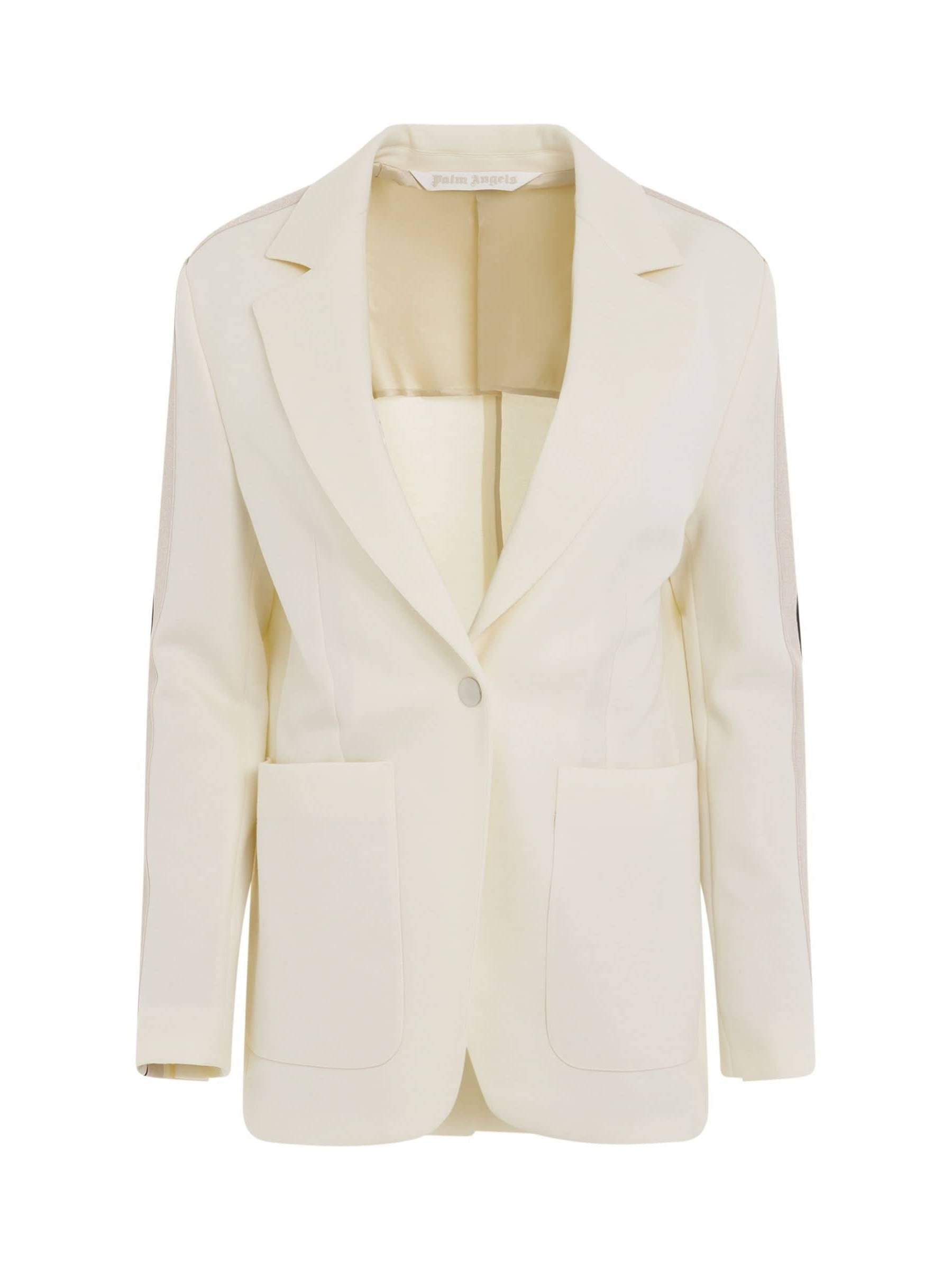 Image of a model wearing Outerwear. Productname: PALM ANGELS Track Blazer in Butter Off White colour by brand - PALM ANGELS