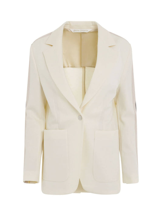 Image of a model wearing Outerwear. Productname: PALM ANGELS Track Blazer in Butter Off White colour by brand - PALM ANGELS