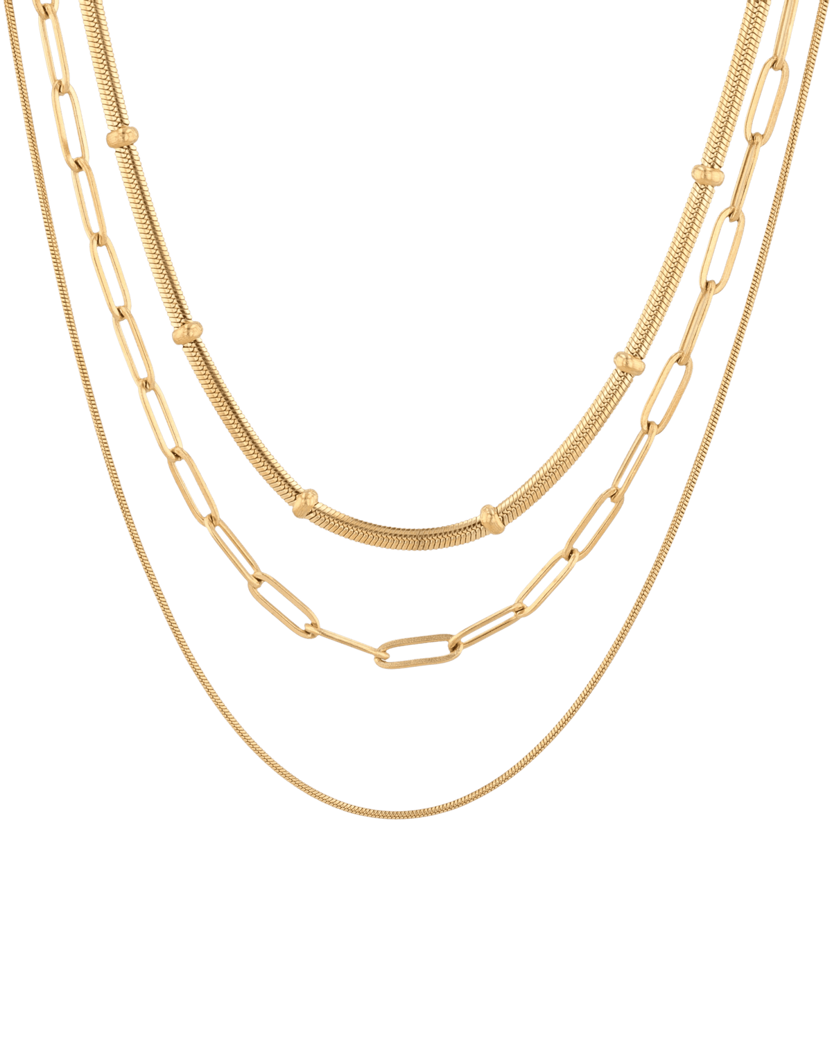 Image of Necklaces. Product name - Paperclip Trinity Gold Chain Necklace Set in colour by brand - LAVANA
