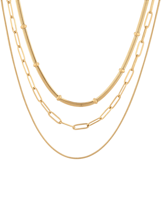 Image of Necklaces. Product name - Paperclip Trinity Gold Chain Necklace Set in colour by brand - LAVANA