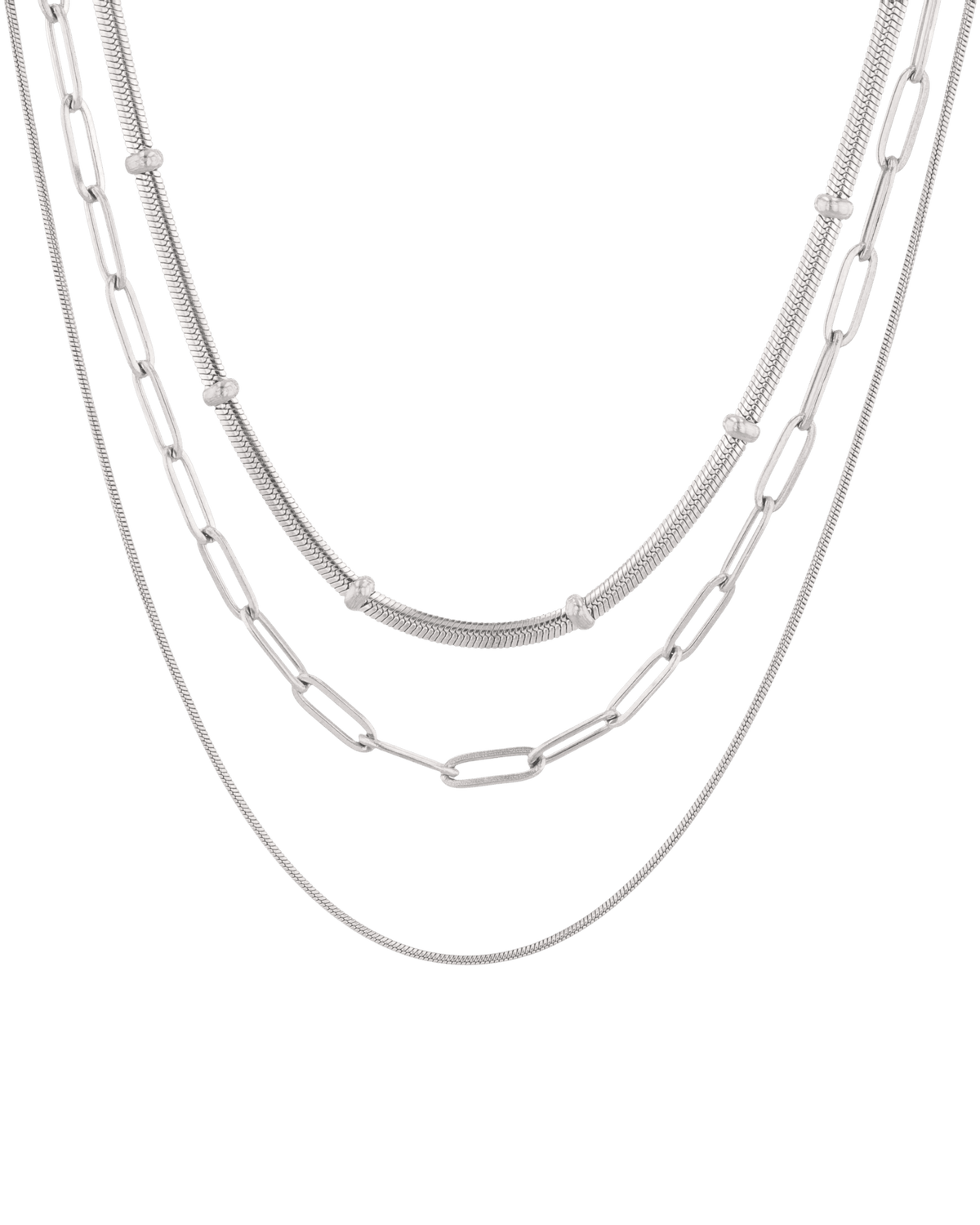 Image of Necklaces. Product name - Paperclip Trinity Silver Chain Necklace Set in colour by brand - LAVANA