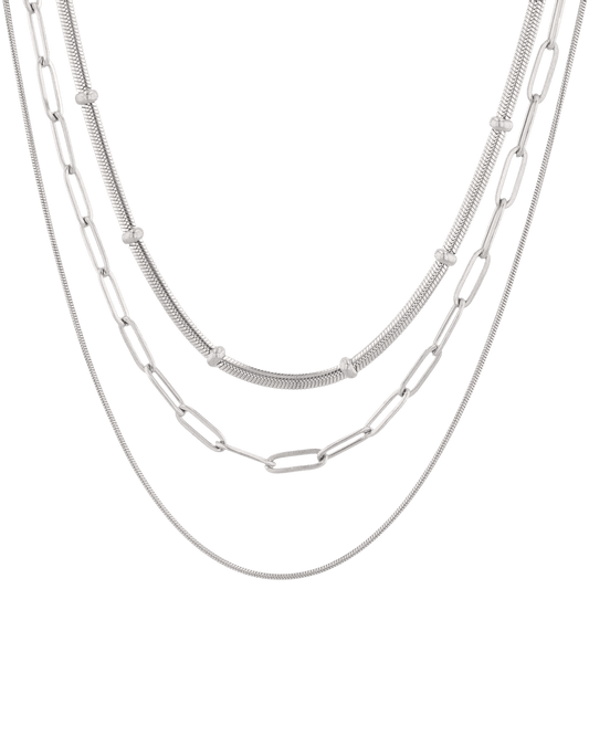 Image of Necklaces. Product name - Paperclip Trinity Silver Chain Necklace Set in colour by brand - LAVANA