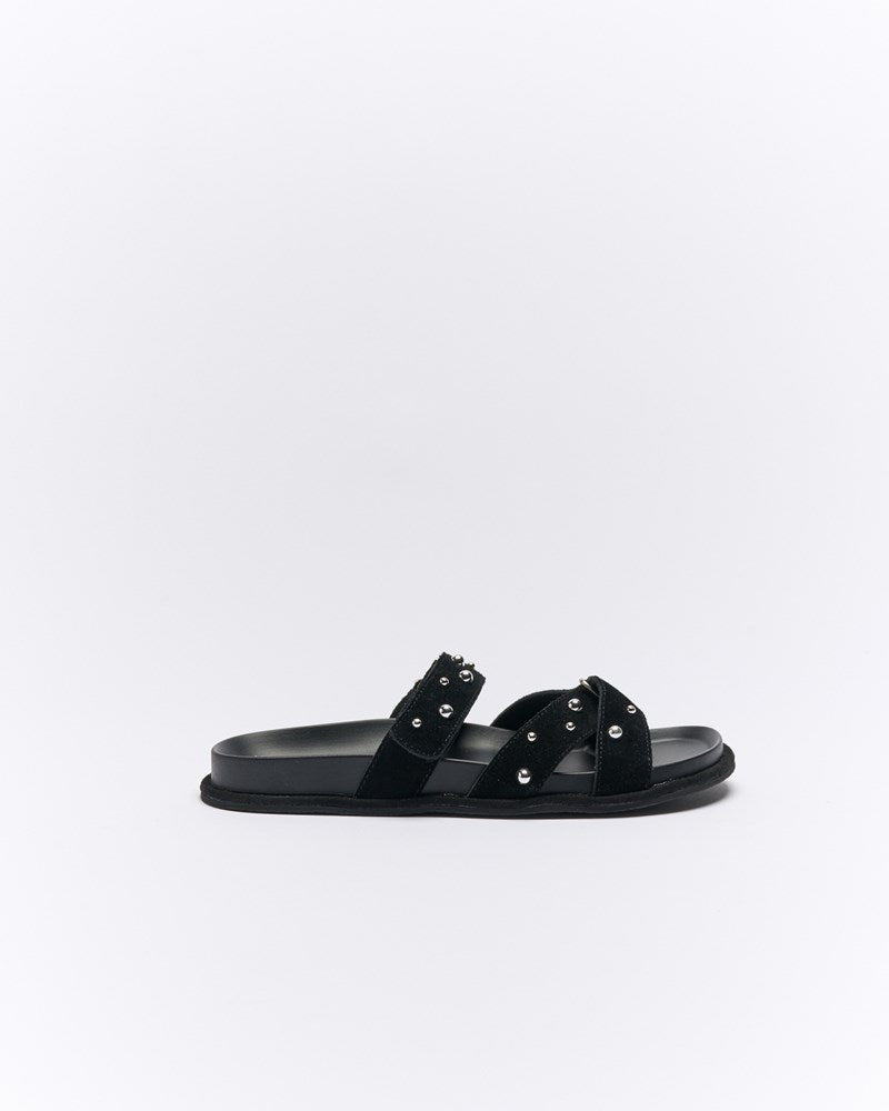 Image of Slippers. Productname: Walnut Melbourne Paxon Leather Slide in Black Suede colour by brand - Walnut Melbourne