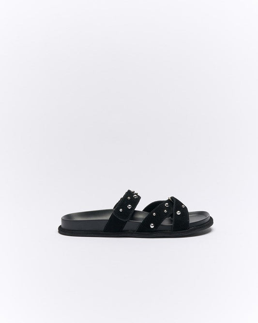 Image of Slippers. Productname: Walnut Melbourne Paxon Leather Slide in Black Suede colour by brand - Walnut Melbourne