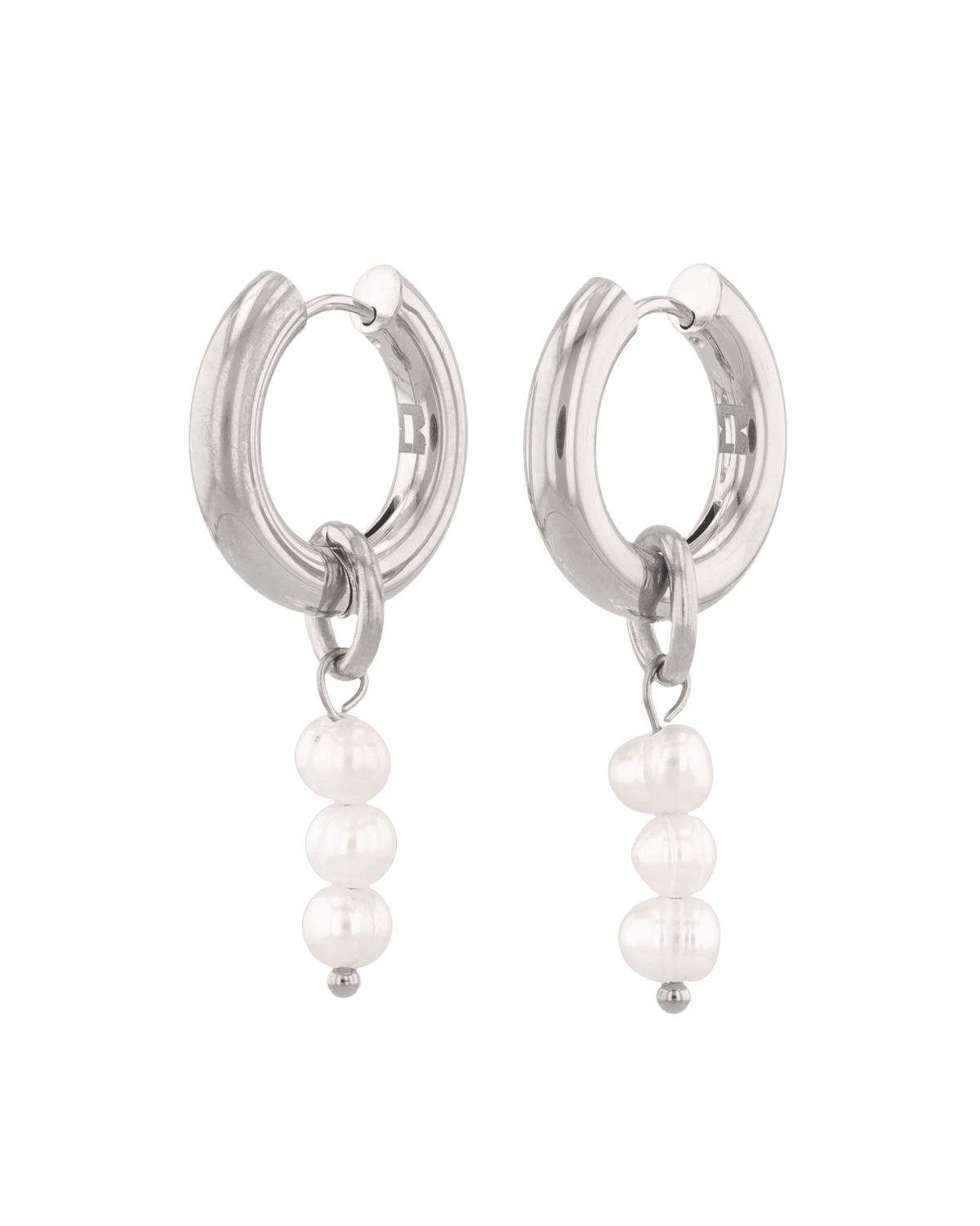 Image of Earrings. Product name - Pebble Pearl Charm Silver Huggie Earrings in colour by brand - LAVANA
