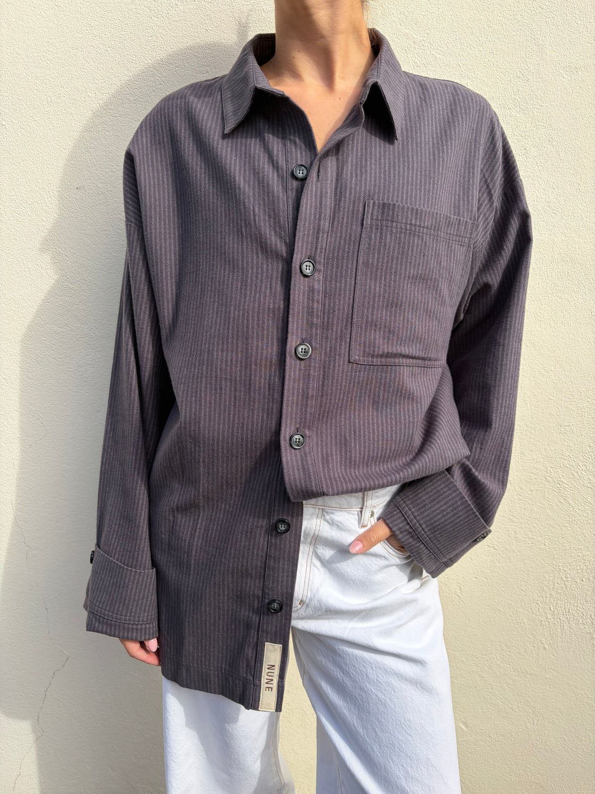 NUNE Long Sleeve Sleep Shirt Flannel (Evening Pinstripe)