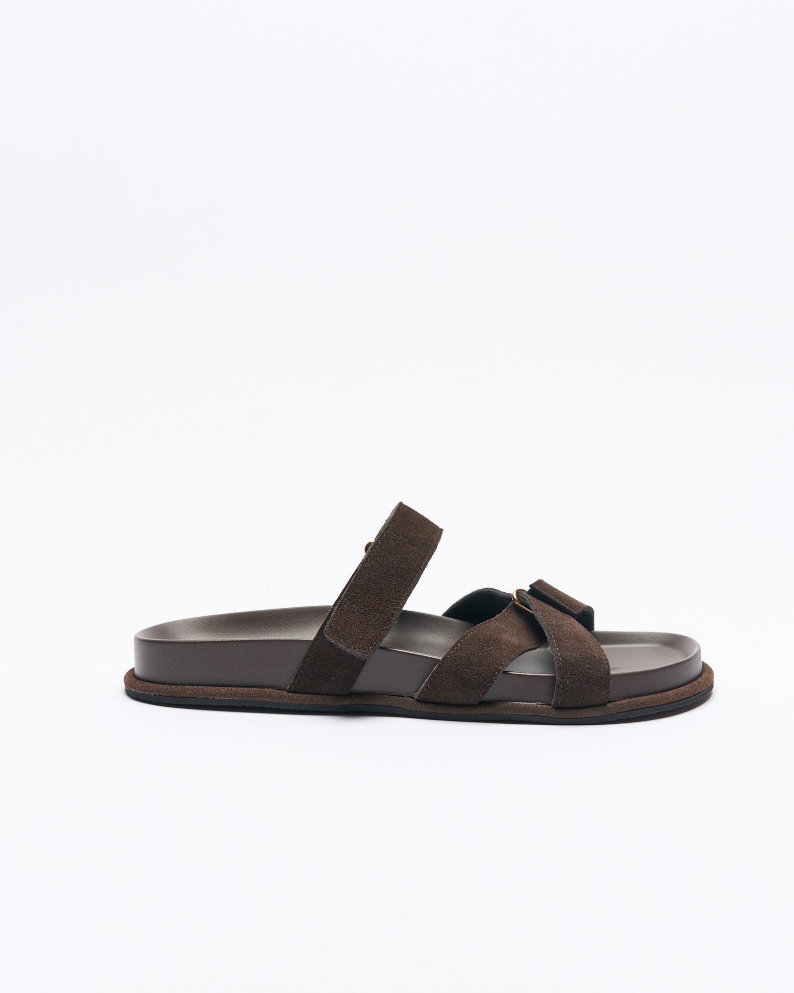 Image of Slippers. Productname: Walnut Melbourne Pierce Leather Slide in Bitter Chocolate Suede colour by brand - Walnut Melbourne
