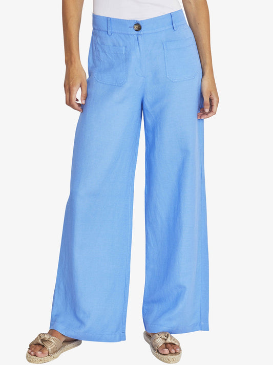 Image of a model wearing Pants. Product name - PINGPONG REMI PANT in Sky colour by brand - Ping Pong