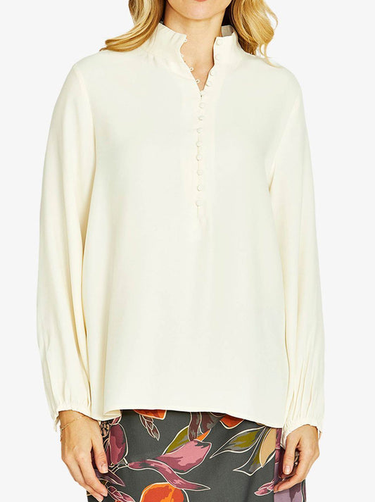 Image of a model wearing Tops. Product name - PINGPONG SAMMI BUTTON DOWN BLOUSE in Ivory colour by brand - Ping Pong