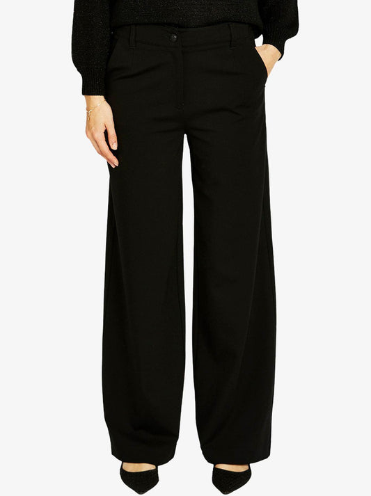 Image of a model wearing Pants. Productname: PINGPONG PONTE WIDE LEG PANT in Black colour by brand - Ping Pong