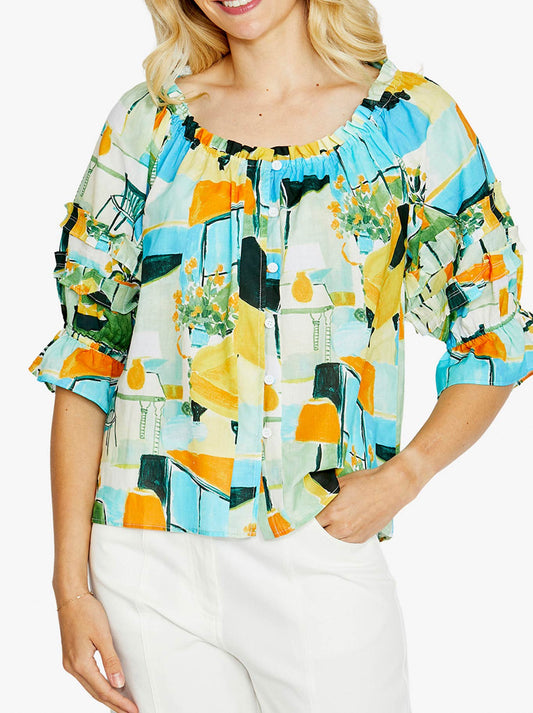 Image of a model wearing Tops. Product name - PINGPONG ALESSIA PEASANT TOP in Alfresco colour by brand - Ping Pong