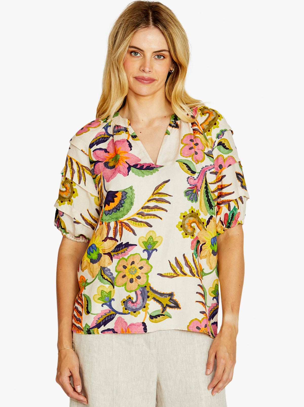 Image of a model wearing Tops. Product name - PINGPONG AUDREY GATHER BLOUSE in Carnival colour by brand - Ping Pong