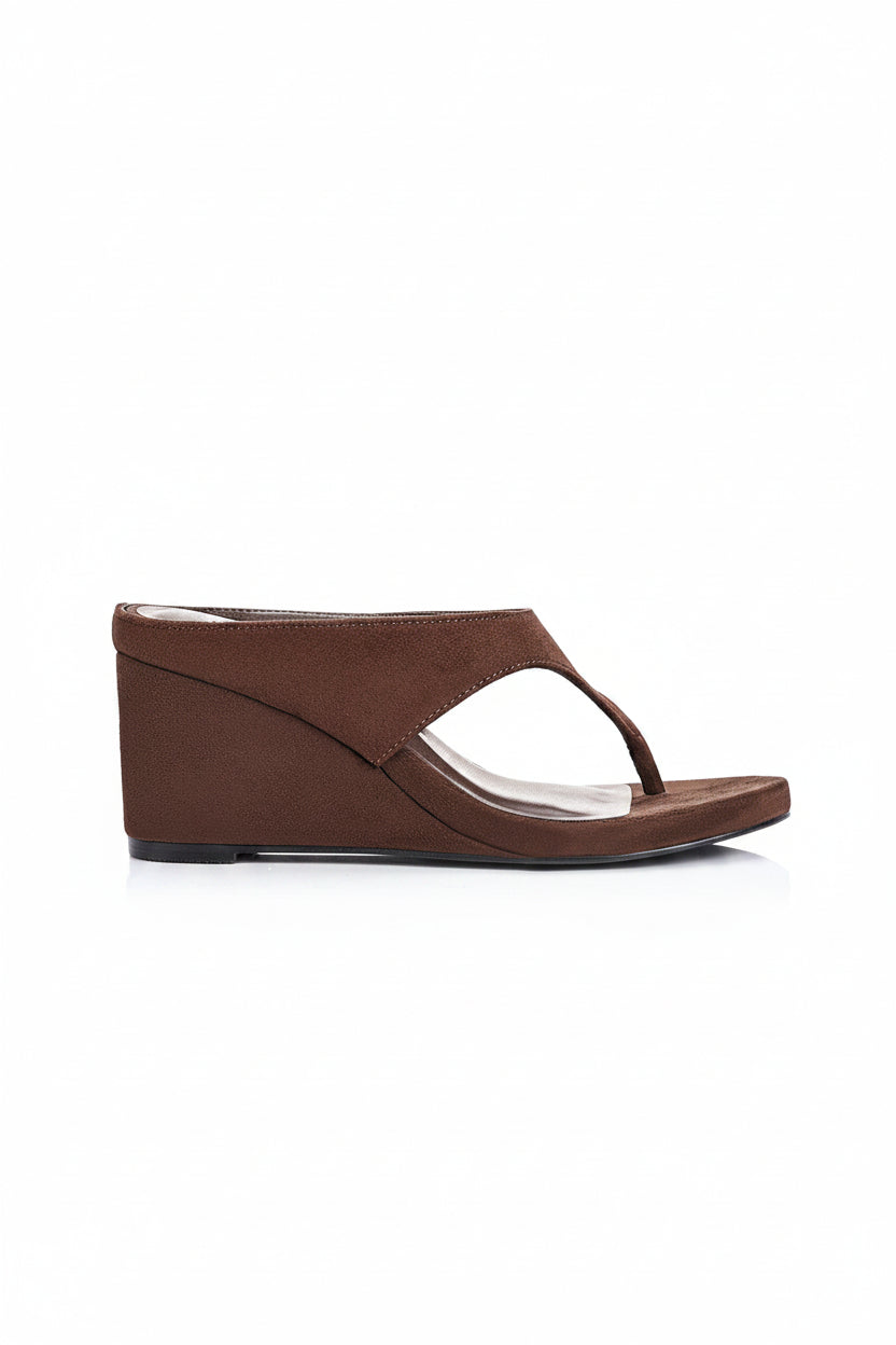 Image of Shoes. Product name - Poh Thong Wedges in Chocolate Brown Micro colour by brand - Sass Clothing