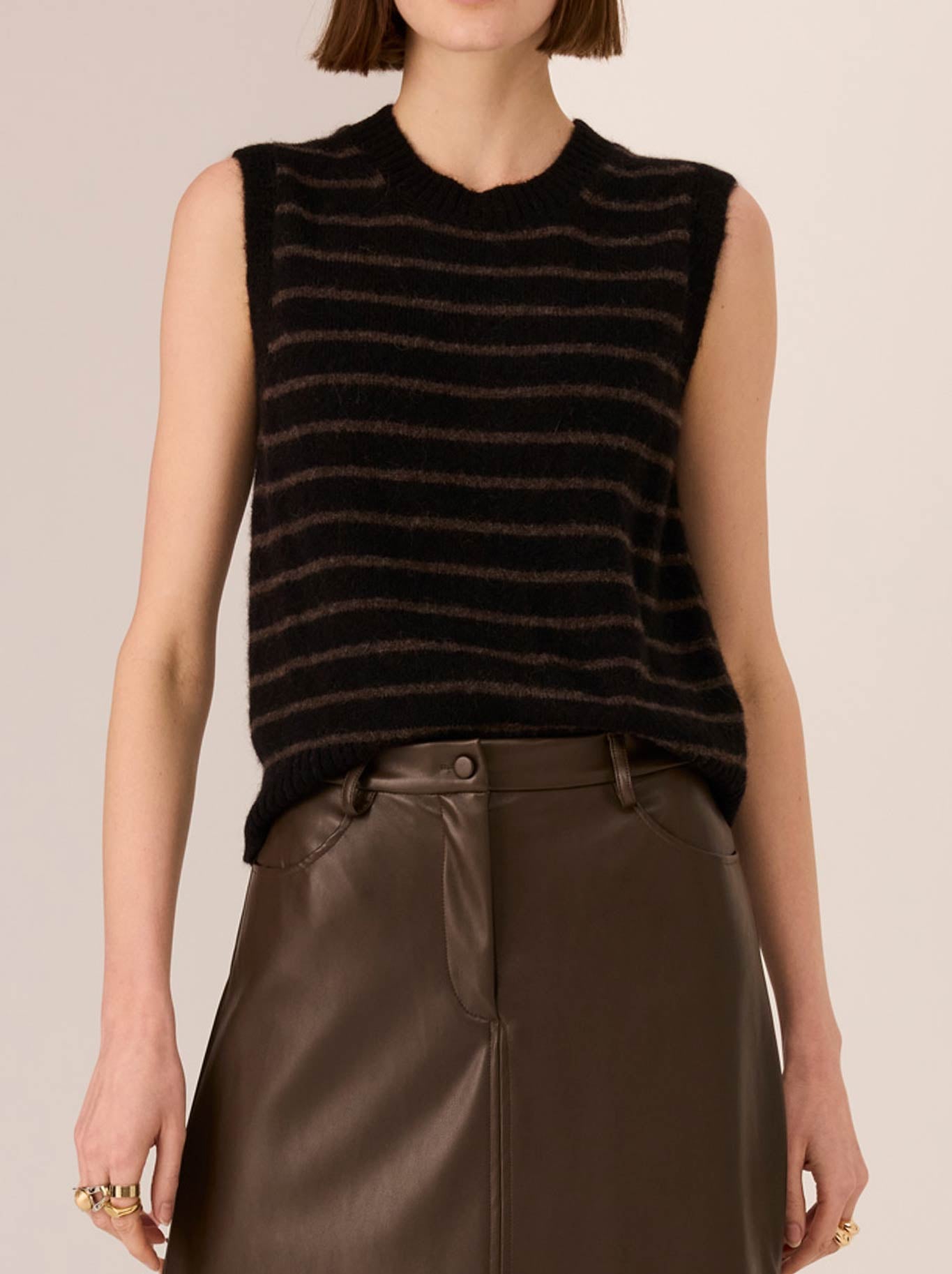 Image of Coats & Jackets. Productname: Pol Carmel Striped Vest in Black Chocolate colour by brand - Pol
