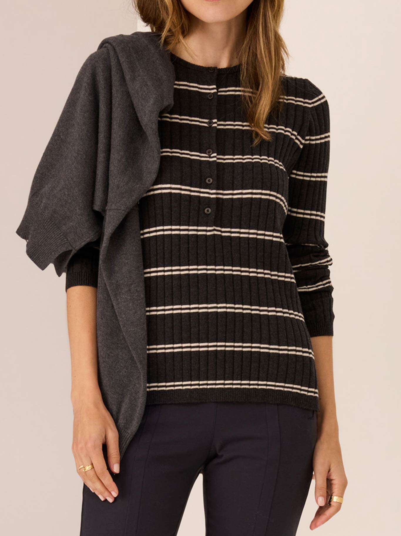 Image of a model wearing Outerwear. Product name - POL TATE HENLEY in Charcoal/White colour by brand - Pol