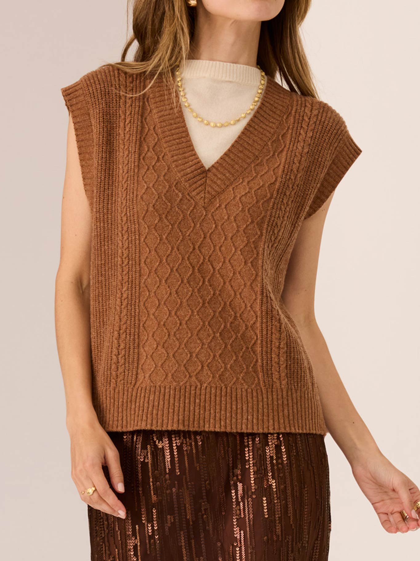 Image of Coats & Jackets. Productname: Pol Loren Cable Vest in Toffee colour by brand - Pol