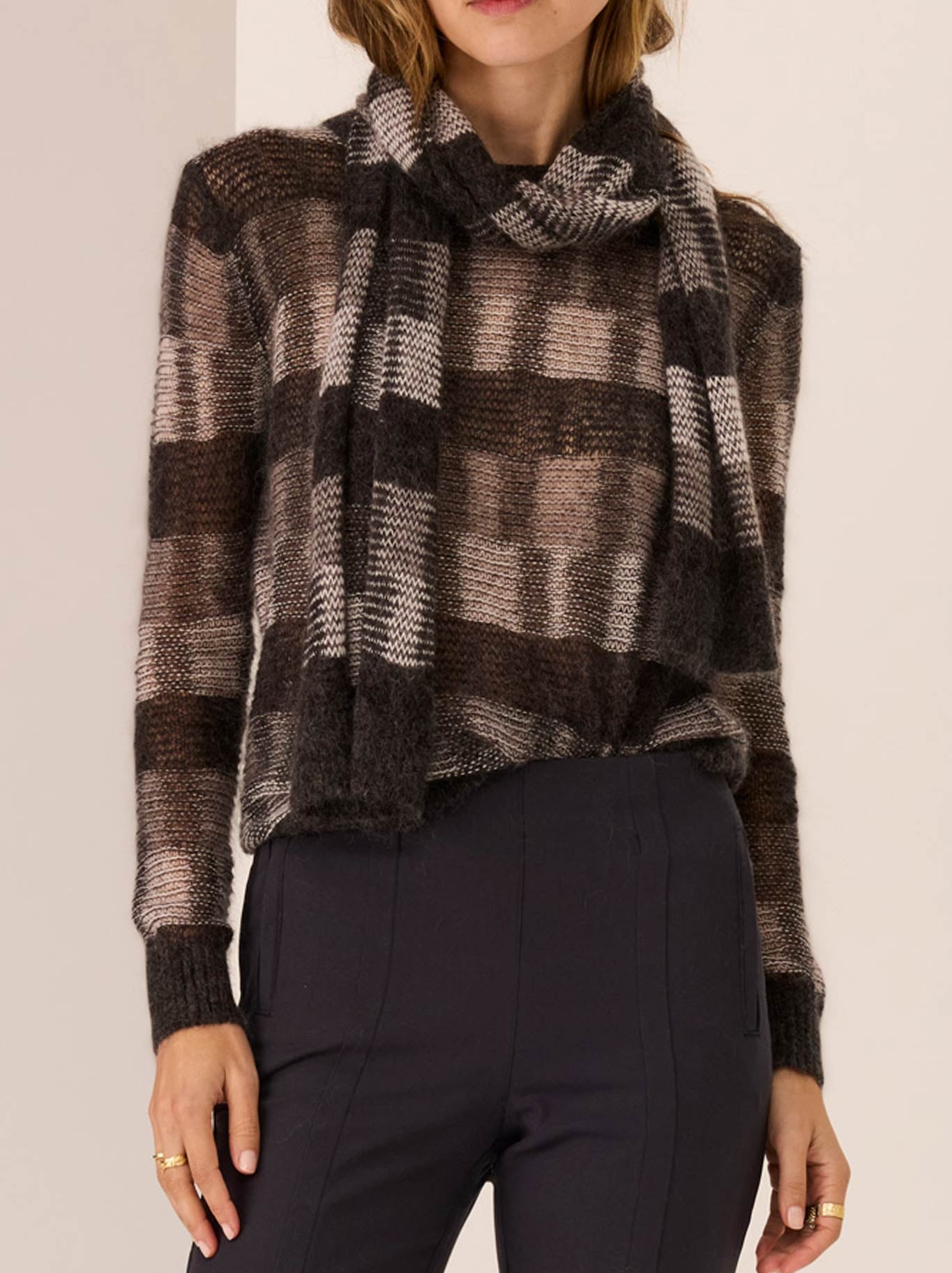 Image of a model wearing Outerwear. Productname: Pol Ciara Stripe Knit in Char Silver Ivory colour by brand - Pol
