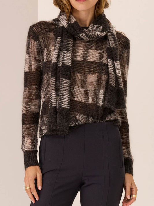 Image of a model wearing Outerwear. Productname: Pol Ciara Stripe Knit in Char Silver Ivory colour by brand - Pol