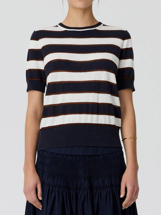 Image of a model wearing Outerwear. Product name - Pol Darcy Stripe Knit Tee in Ink/White/Choc colour by brand - Pol