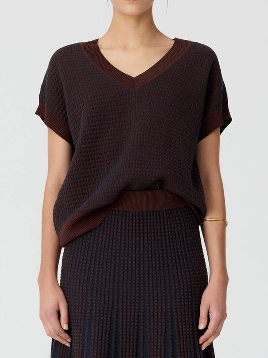 Image of a model wearing Tops. Product name - POL EVLYN KNIT TOP in Chocolate/Ink colour by brand - Pol
